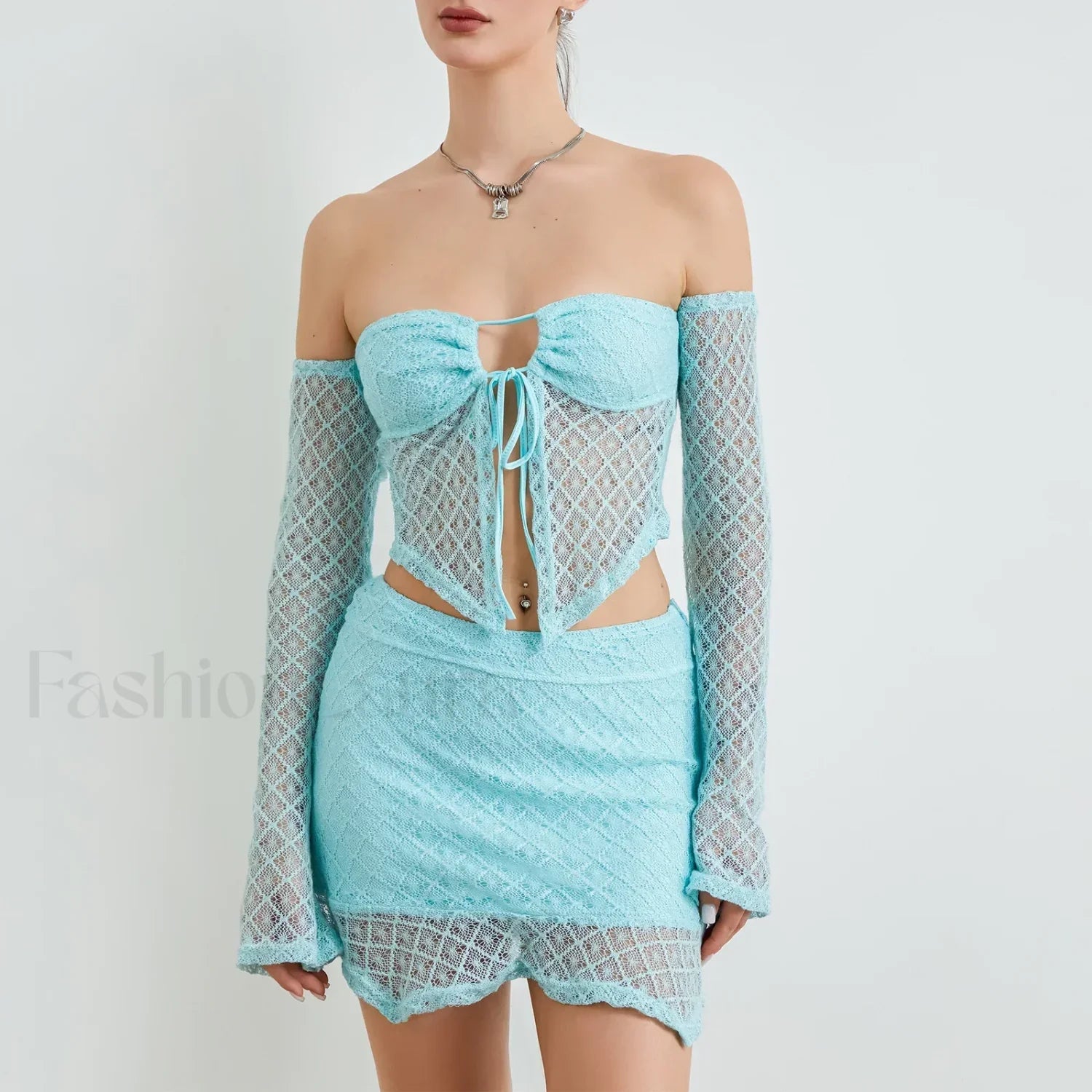 Sexy Crochet Knit Bodycon Skirt Two Piece Set