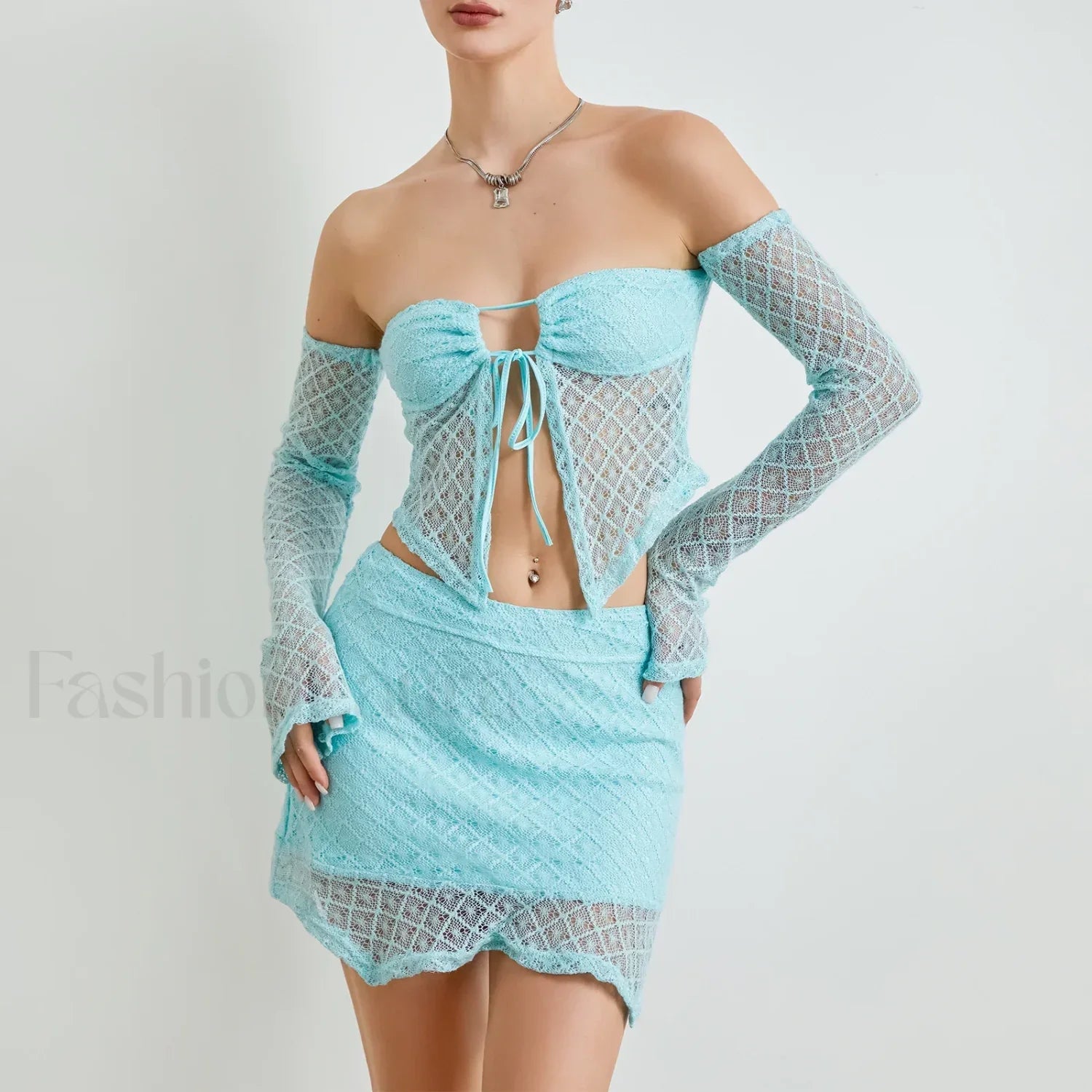 Sexy Crochet Knit Bodycon Skirt Two Piece Set Blue / S