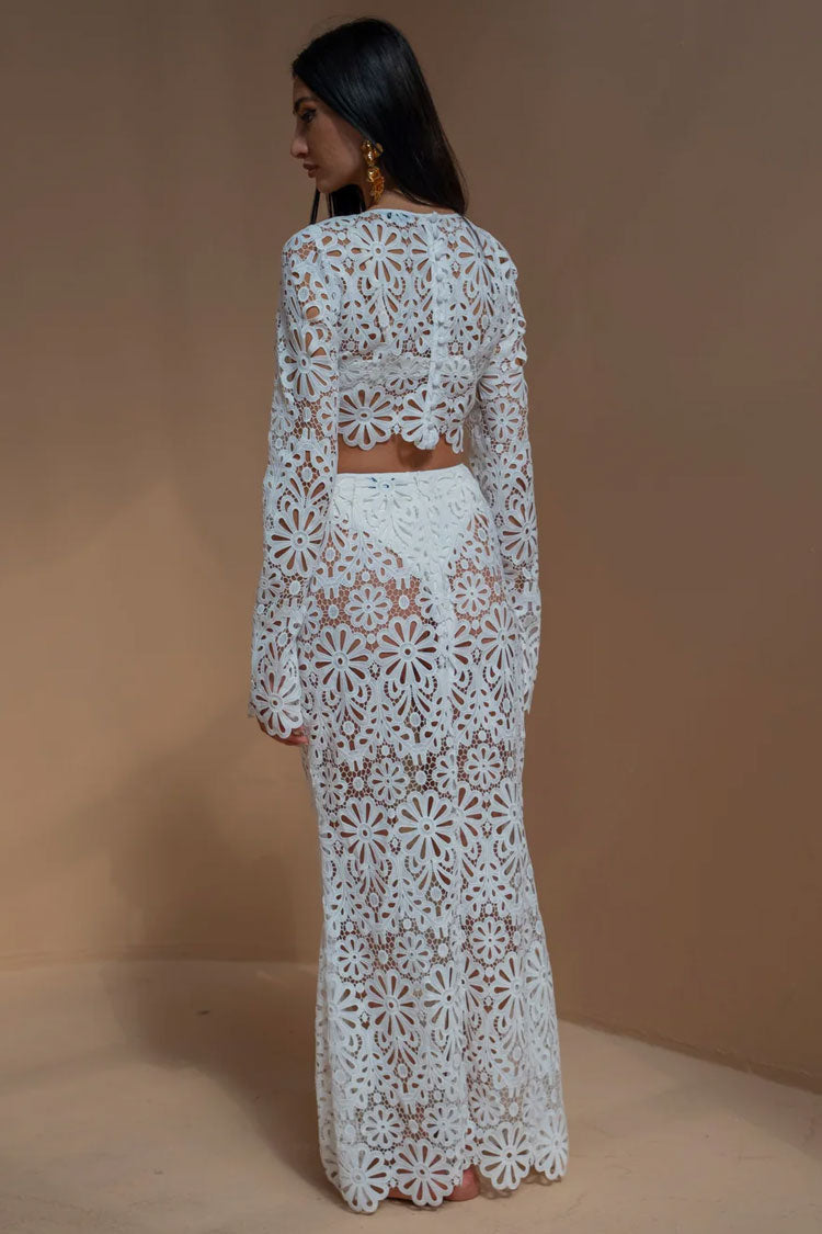 Sexy Crochet Lace Floral Long Sleeve Button Up Crop Two Piece Maxi Dress