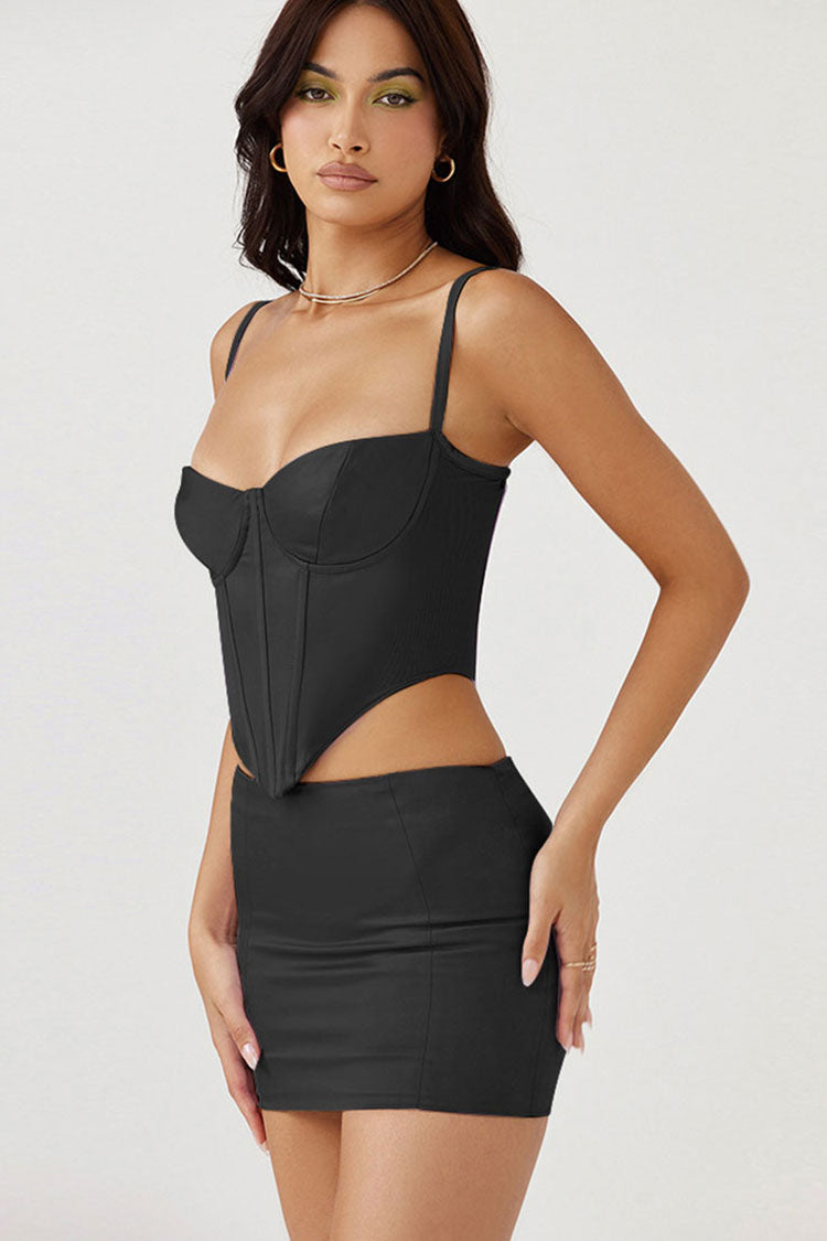 Crop Bustier Satin Top Low Waist Two Piece Mini Dress - Black 2