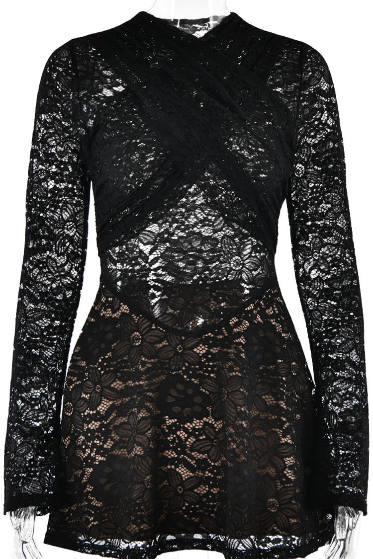 Lace Cross Front Long Sleeve Semi Sheer Mini Dress - View 5