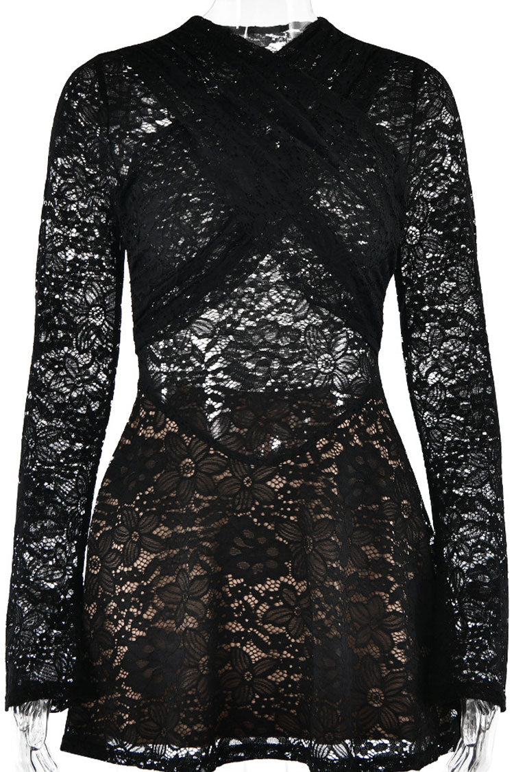 Lace Cross Front Long Sleeve Semi Sheer Mini Dress in Red - View 5