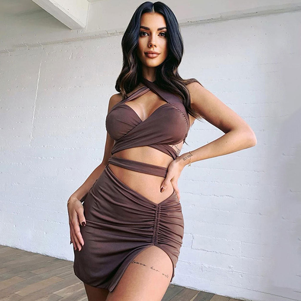 Cross Halter Neck Wrap Crop Top and Ruched Split Mini Skirt Two Piece Set
