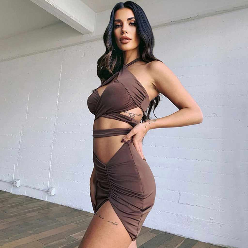Cross Halter Neck Wrap Crop Top and Ruched Split Mini Skirt Two Piece Set 2