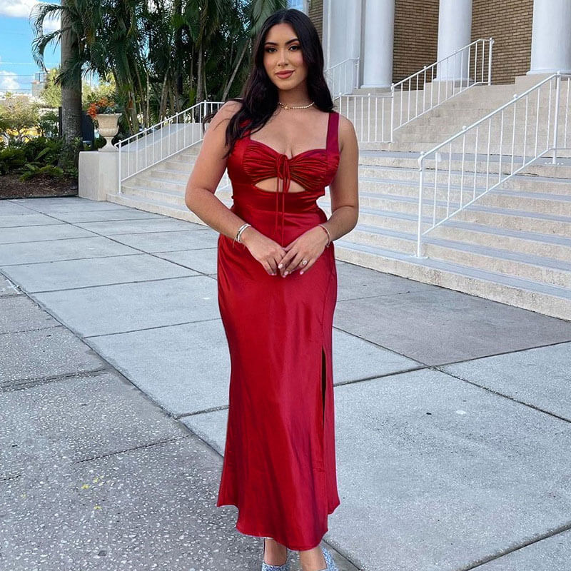 Satin Ruched Bust Cut Out Tie Front Sleeveless Side Split Maxi Dress