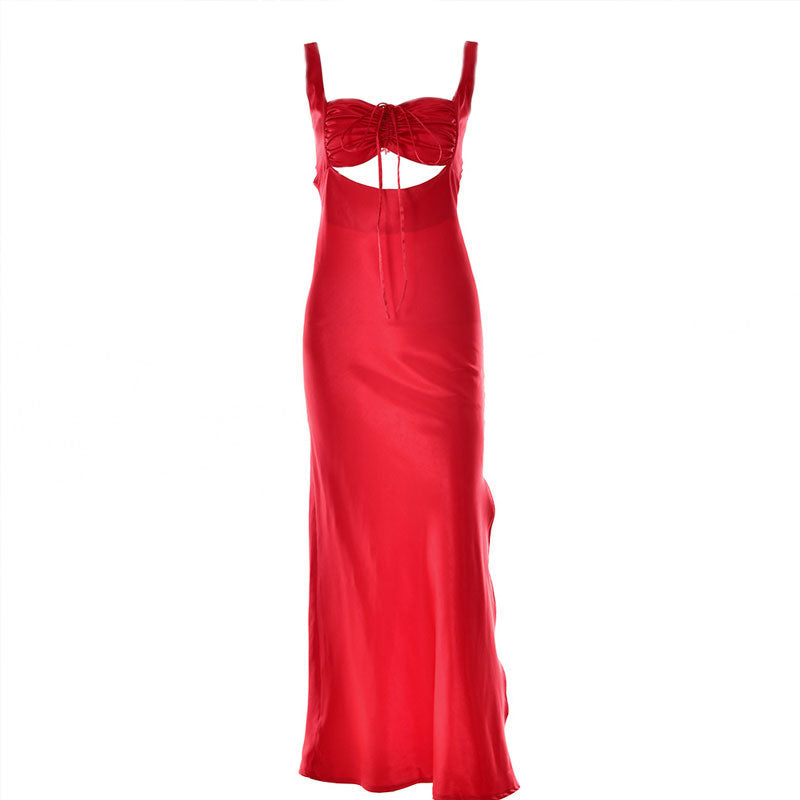 Satin Ruched Bust Cut Out Tie Front Sleeveless Side Split Maxi Dress 3