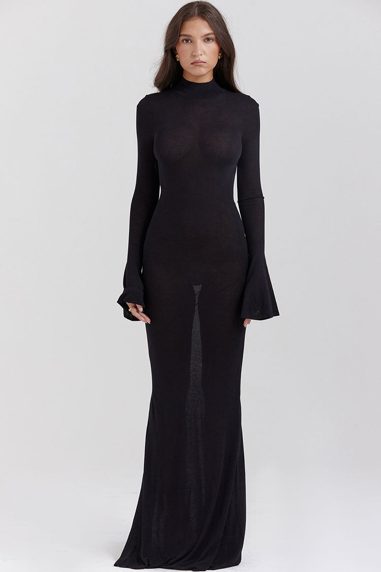 Mesh Mock Neck Bell Sleeve Sheer Knit Bodycon Maxi Gown
