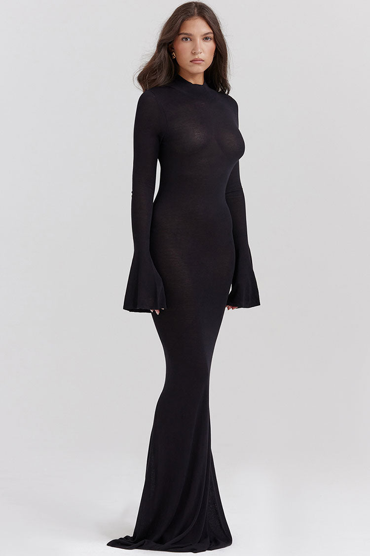 Mesh Mock Neck Bell Sleeve Sheer Knit Bodycon Maxi Gown