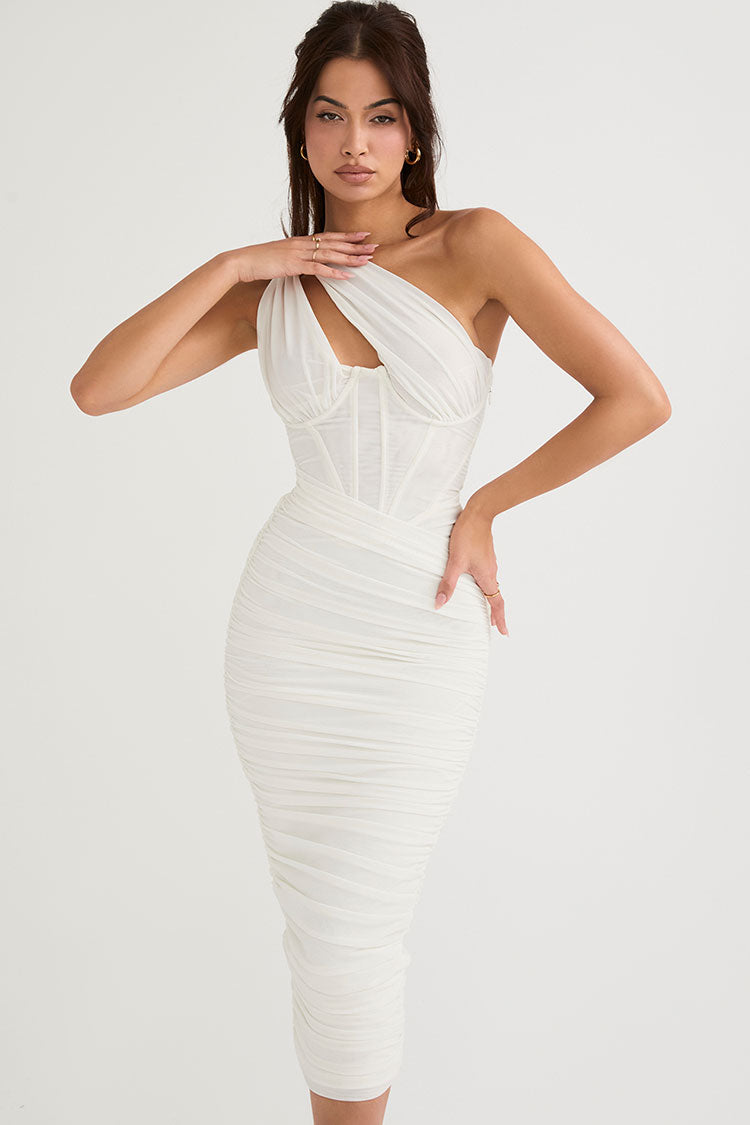 One Shoulder Cut Out Ruched Corset Bodycon Midi Dress