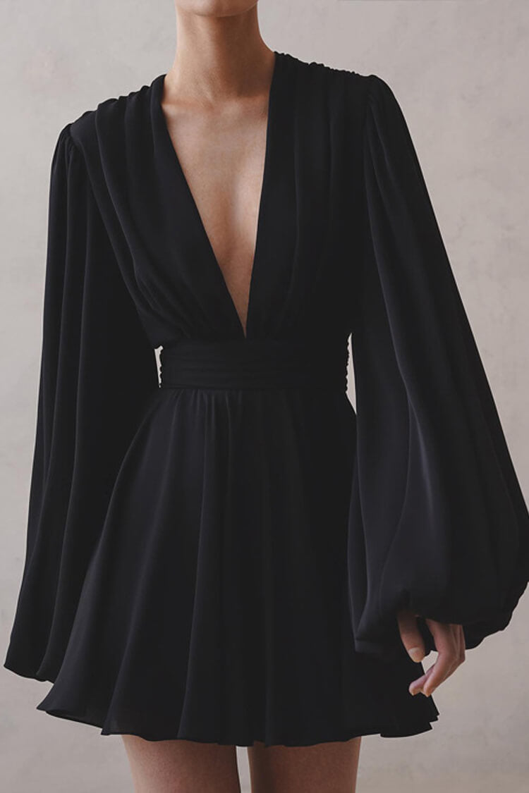 Sexy Deep V Balloon Sleeve Ruched Cinch High Waist Flared Party Mini Dress
