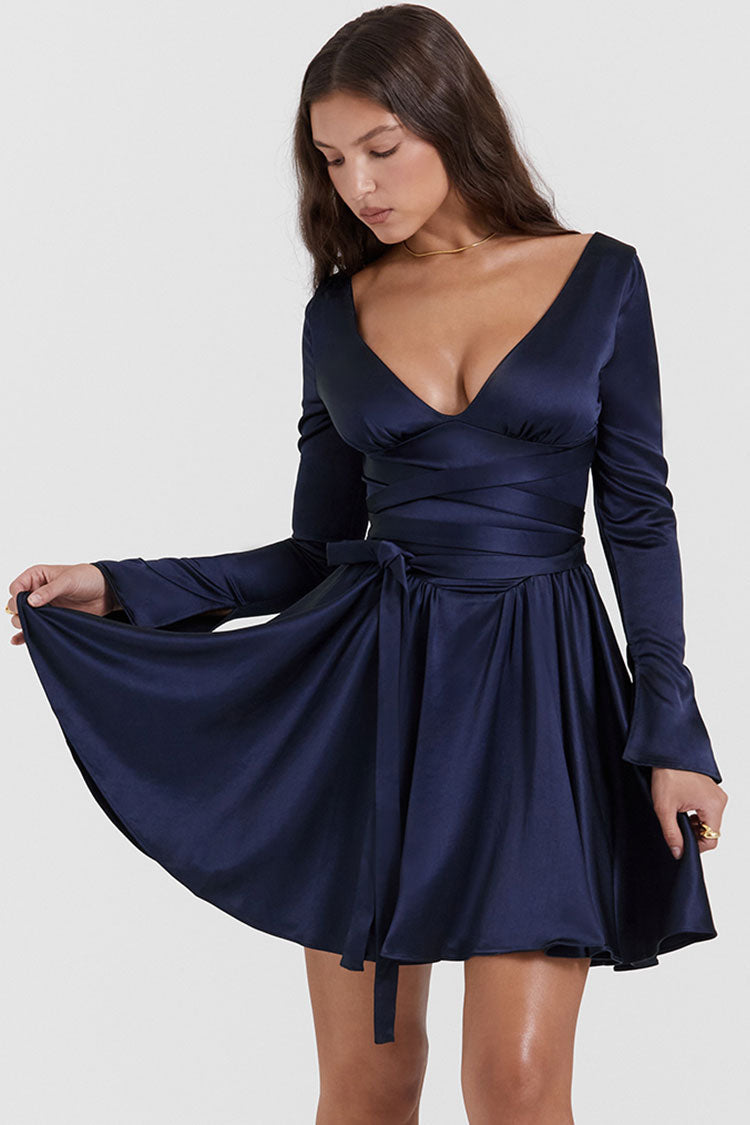 Satin Deep V-Neck Long Sleeve Wrap Fit and Flare Mini Dress
