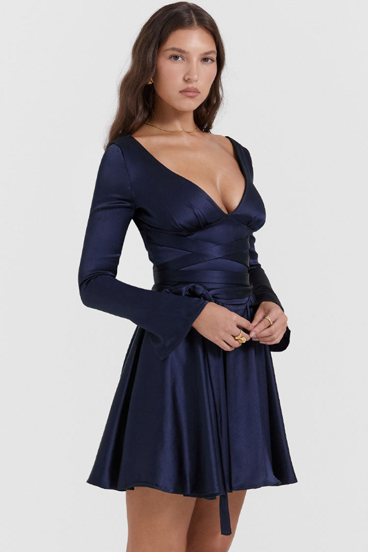 Satin Deep V-Neck Long Sleeve Wrap Fit and Flare Mini Dress