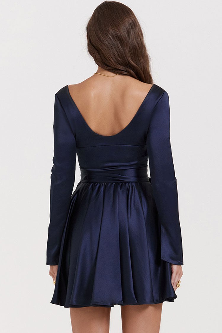 Satin Deep V-Neck Long Sleeve Wrap Fit and Flare Mini Dress