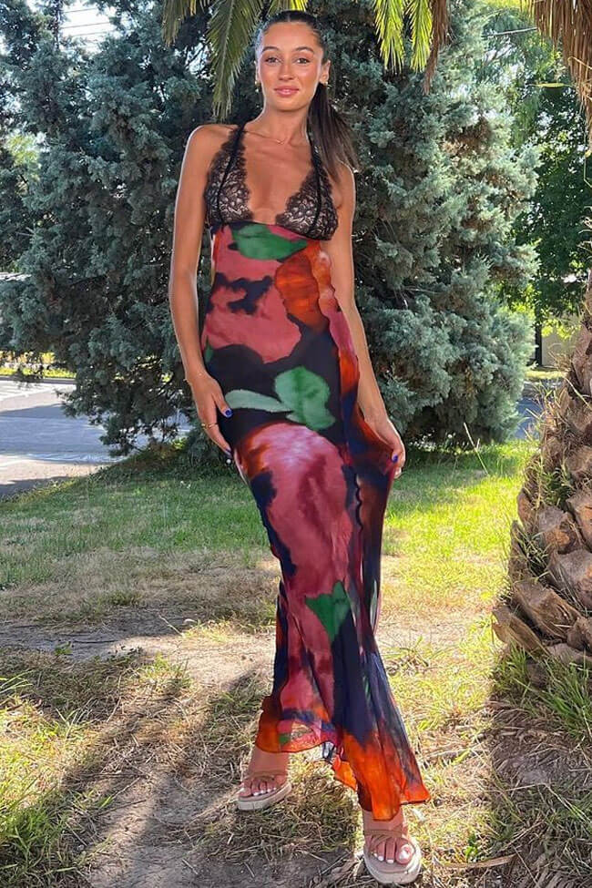 Sexy Deep V Printed Lace Chiffon Sheer Fishtail Slip Maxi Dress - Multicolor 2