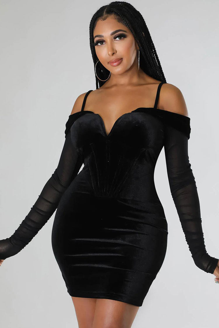 Velvet Off Shoulder Sheer Sleeve Corset Bodycon Mini Dress