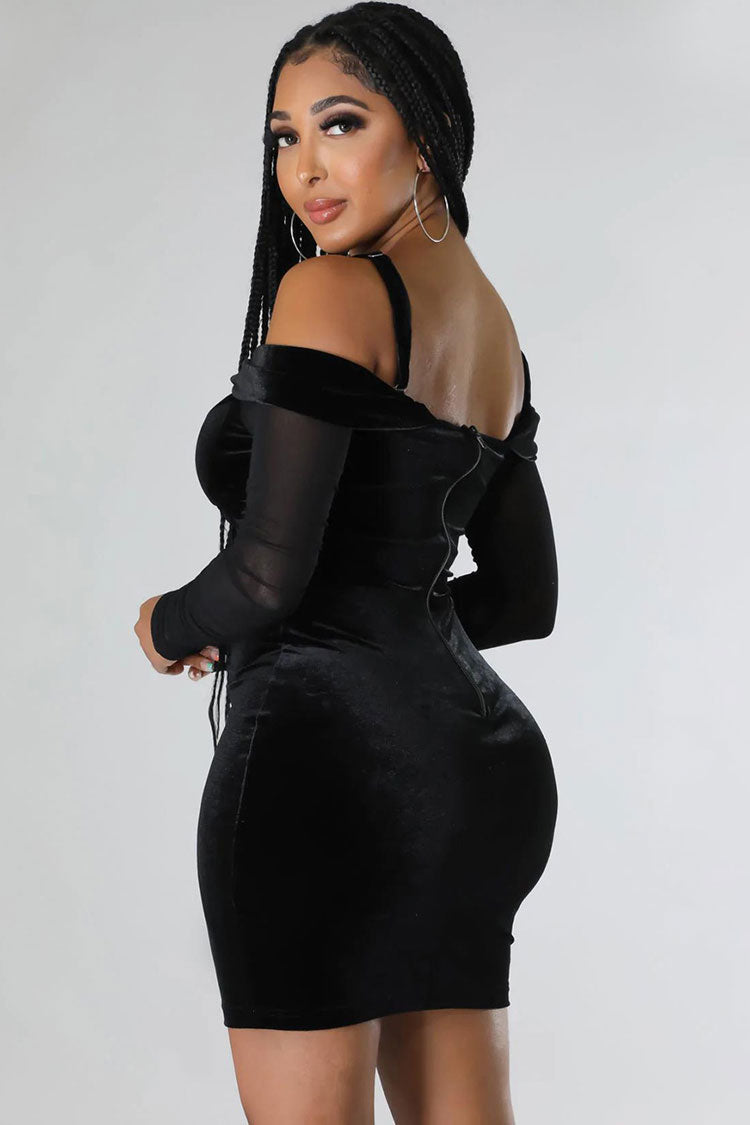 Velvet Off Shoulder Sheer Sleeve Corset Bodycon Mini Dress