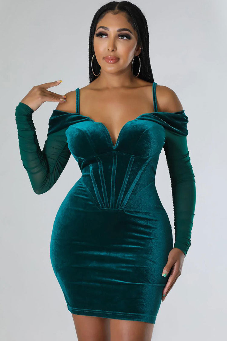 Velvet Off Shoulder Sheer Sleeve Corset Bodycon Mini Dress