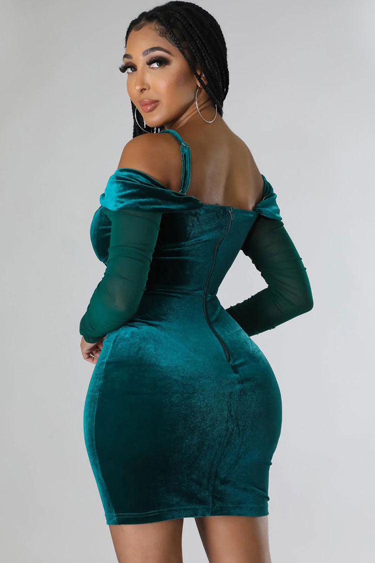 Velvet Off Shoulder Sheer Sleeve Corset Bodycon Mini Dress