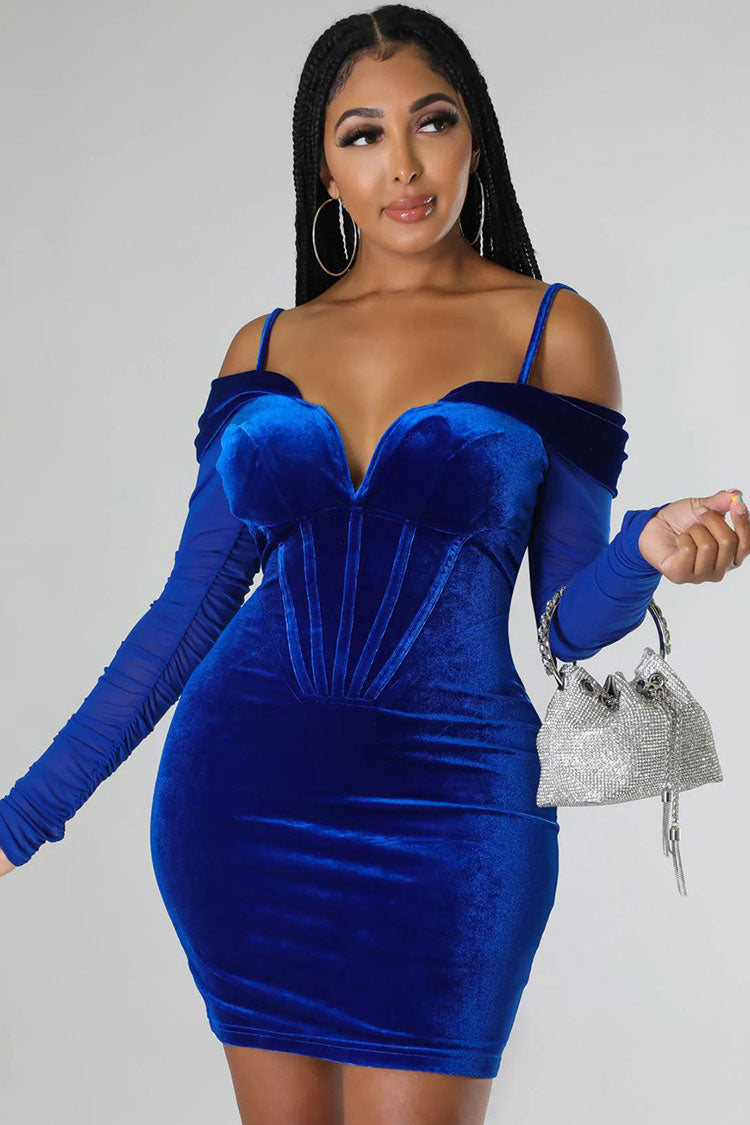 Velvet Off Shoulder Sheer Sleeve Corset Bodycon Mini Dress