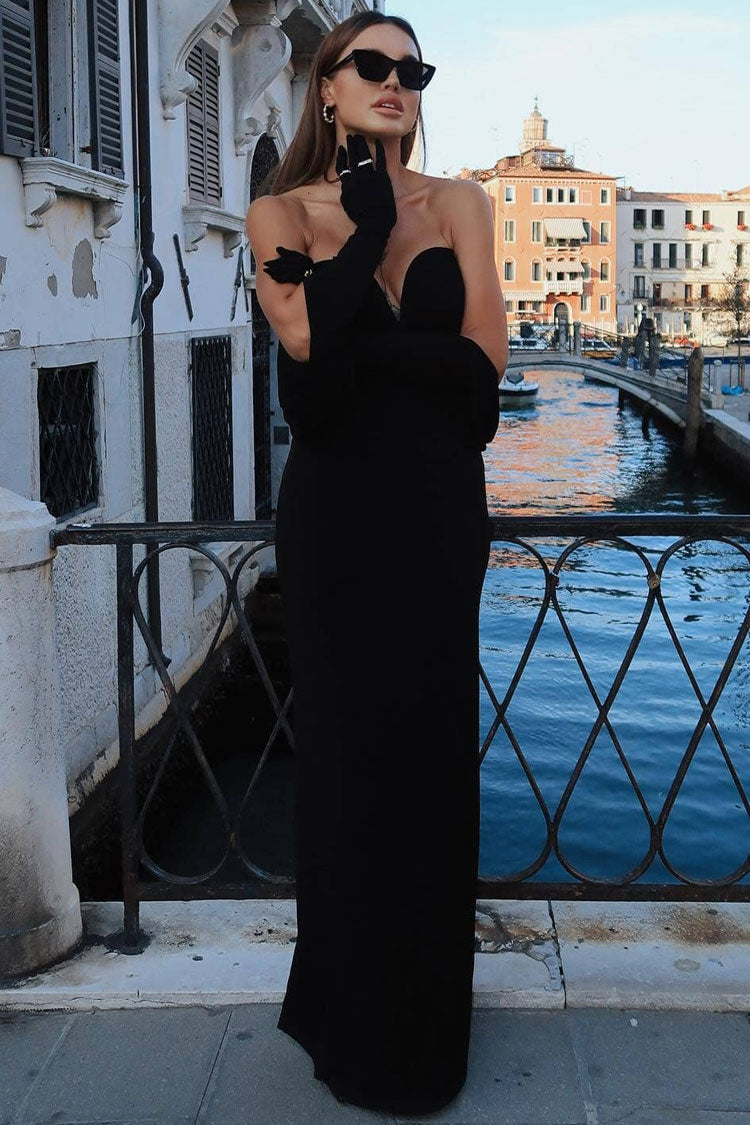 Diva Deep V Gloved Draped Sleeve Evening Maxi Dress - Black - View 3