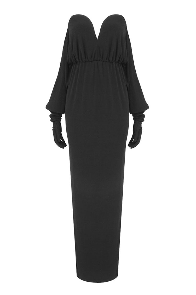 Diva Deep V Gloved Draped Sleeve Evening Maxi Dress - Black - View 5