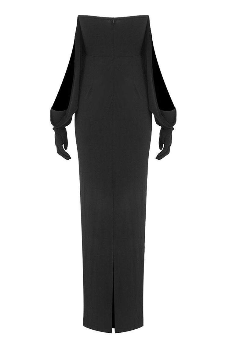 Diva Deep V Gloved Draped Sleeve Evening Maxi Dress - Black - View 6