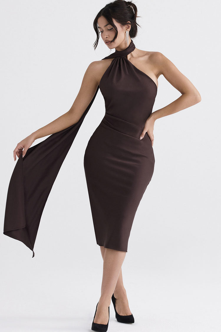 Satin Halter Neck Wrap Backless Midi Dress