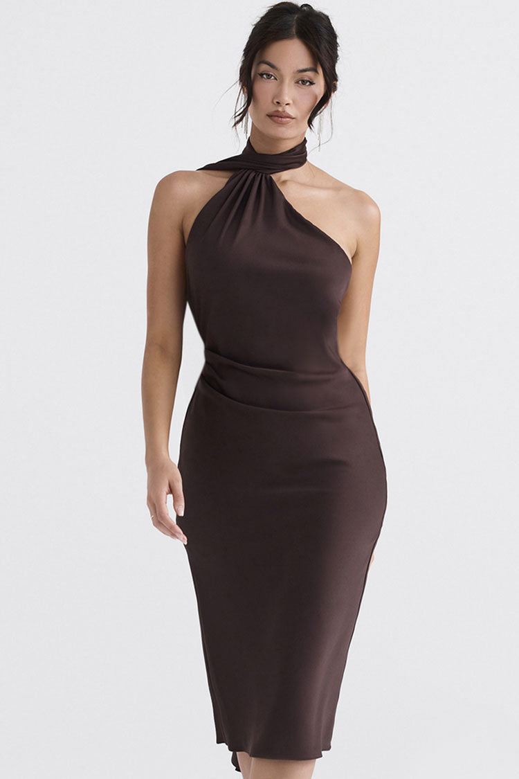 Satin Halter Neck Wrap Backless Midi Dress