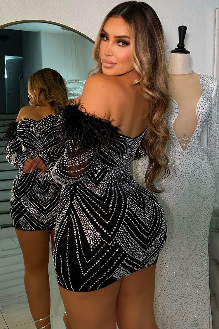 Rhinestone Off Shoulder Feather Trim Long Sleeve Bodycon Mini Dress
