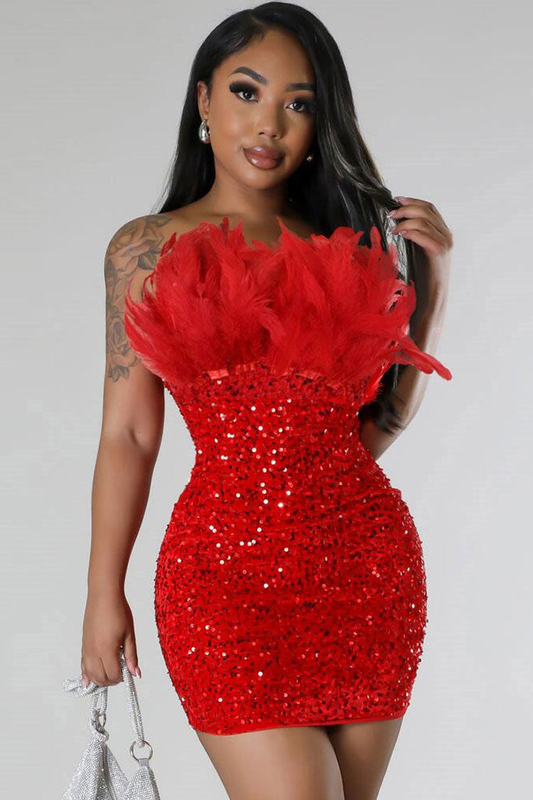 Sequin Strapless Feather Trim Bodycon Mini Party Dress
