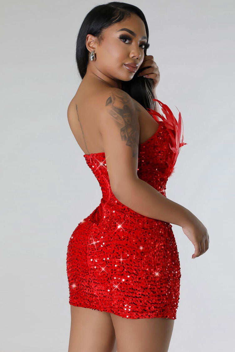 Sequin Strapless Feather Trim Bodycon Mini Party Dress