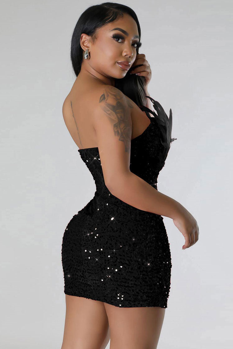Feather Trim Strapless Sequin Bodycon Party Mini Dress