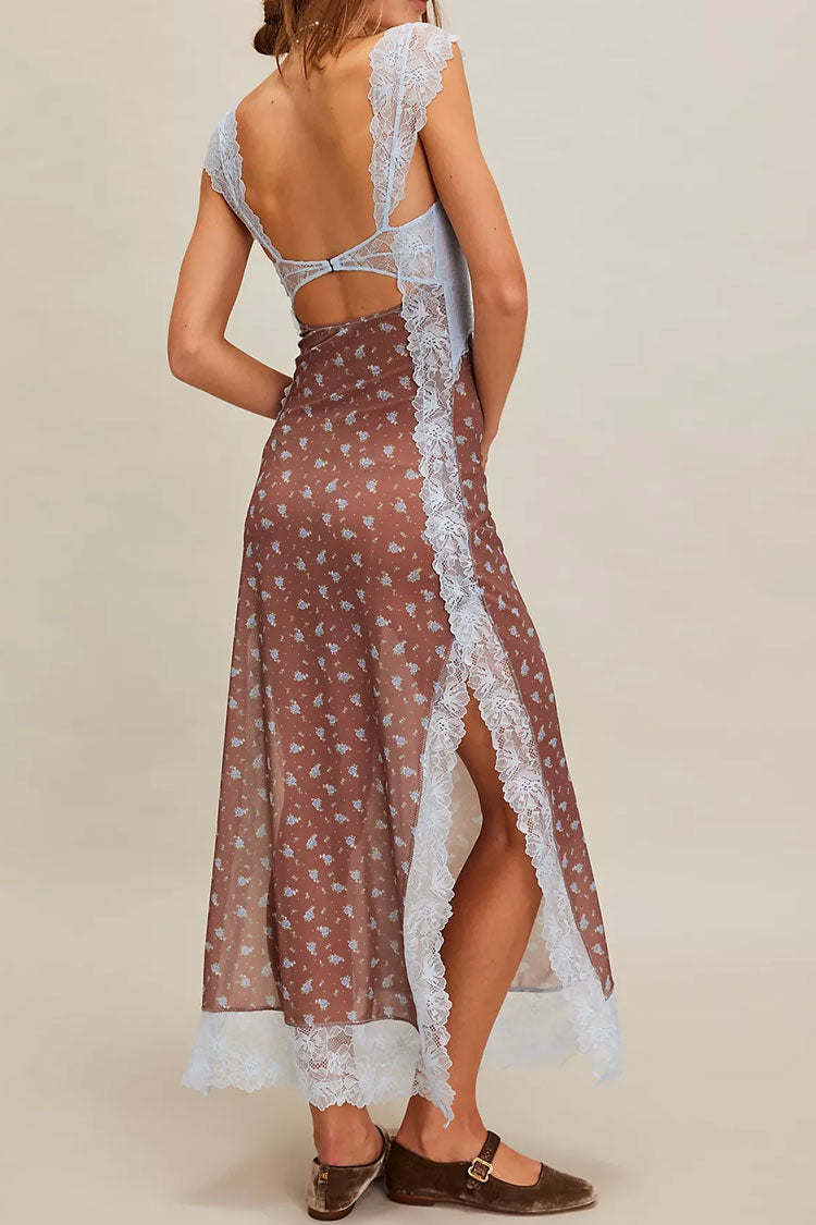 Sexy Floral Print Scalloped Lace Cap Sleeve Cutout Summer Slip Midi Dress