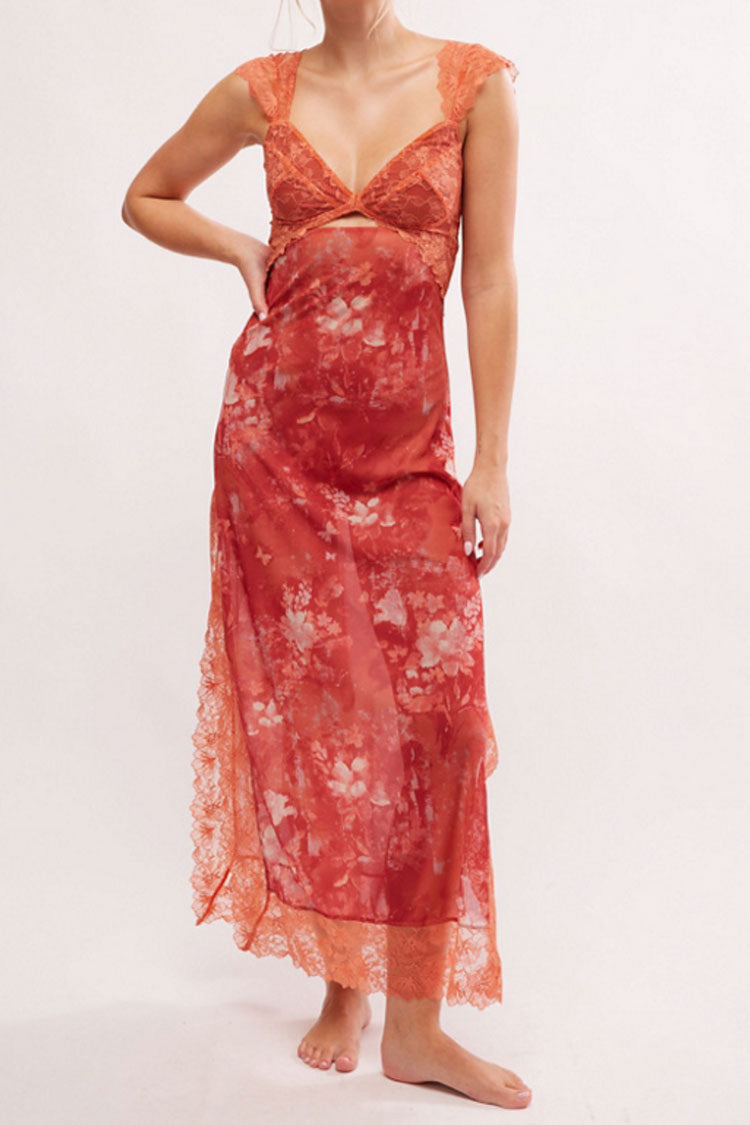 Sexy Floral Print Scalloped Lace Cap Sleeve Cutout Summer Slip Midi Dress
