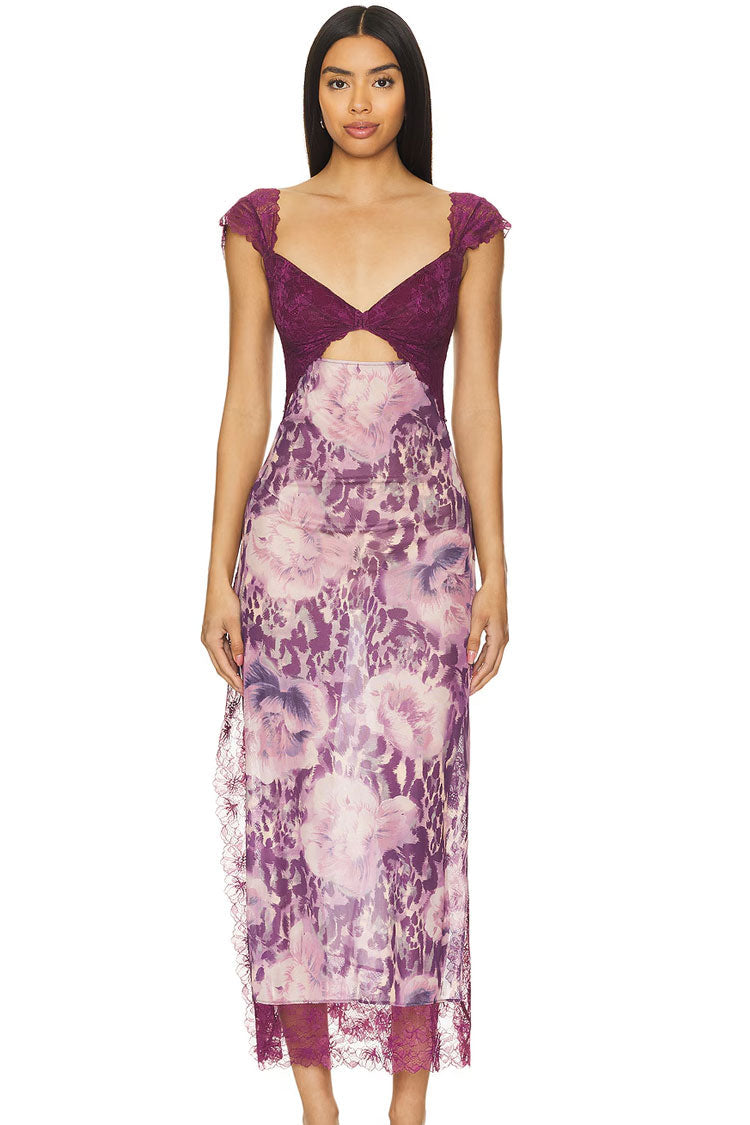 Sexy Floral Print Scalloped Lace Cap Sleeve Cutout Summer Slip Midi Dress