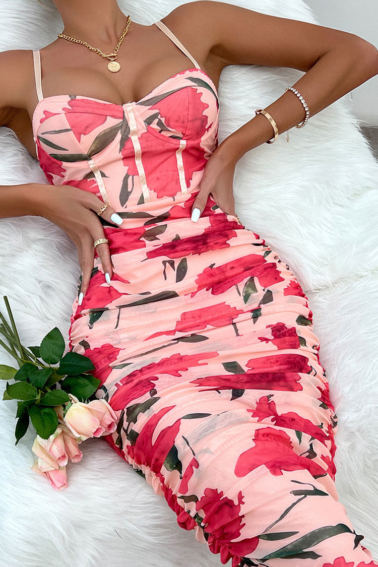 Floral Sweetheart Neck Bustier Ruched Bodycon Midi Party Dress