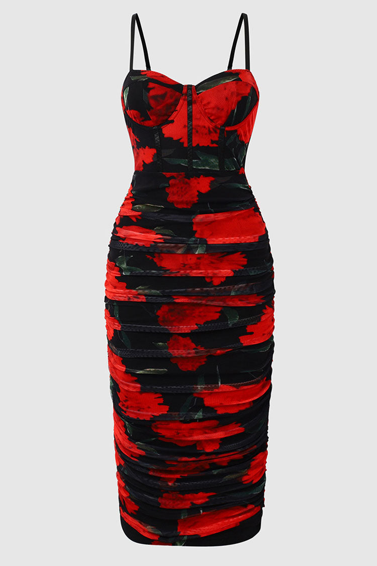 Floral Sweetheart Spaghetti Strap Ruched Bodycon Midi Dress