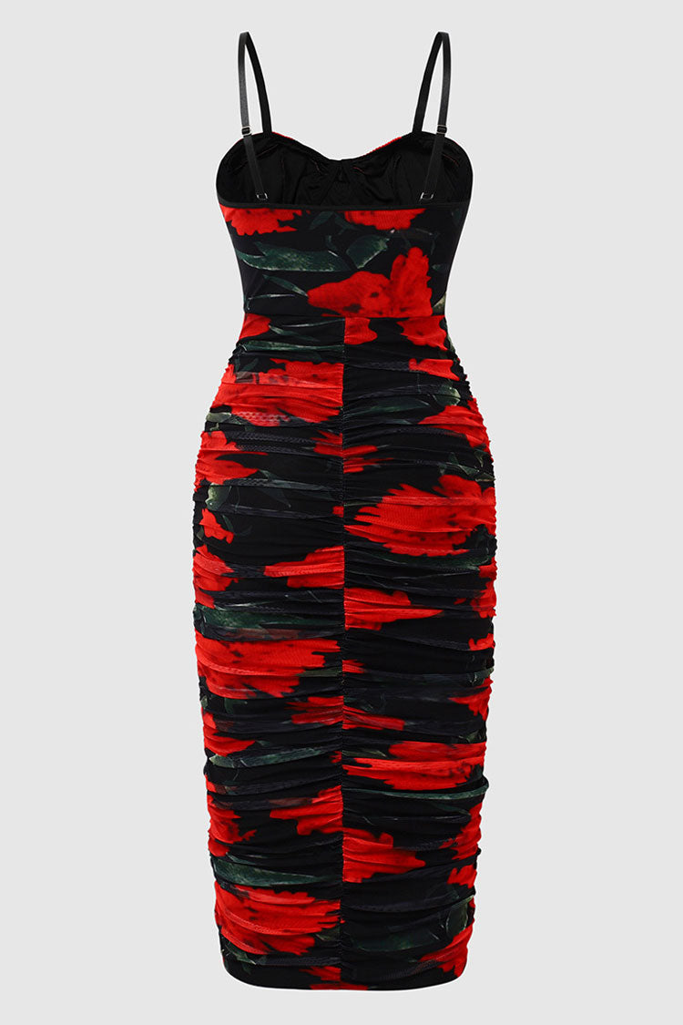 Floral Sweetheart Spaghetti Strap Ruched Bodycon Midi Dress