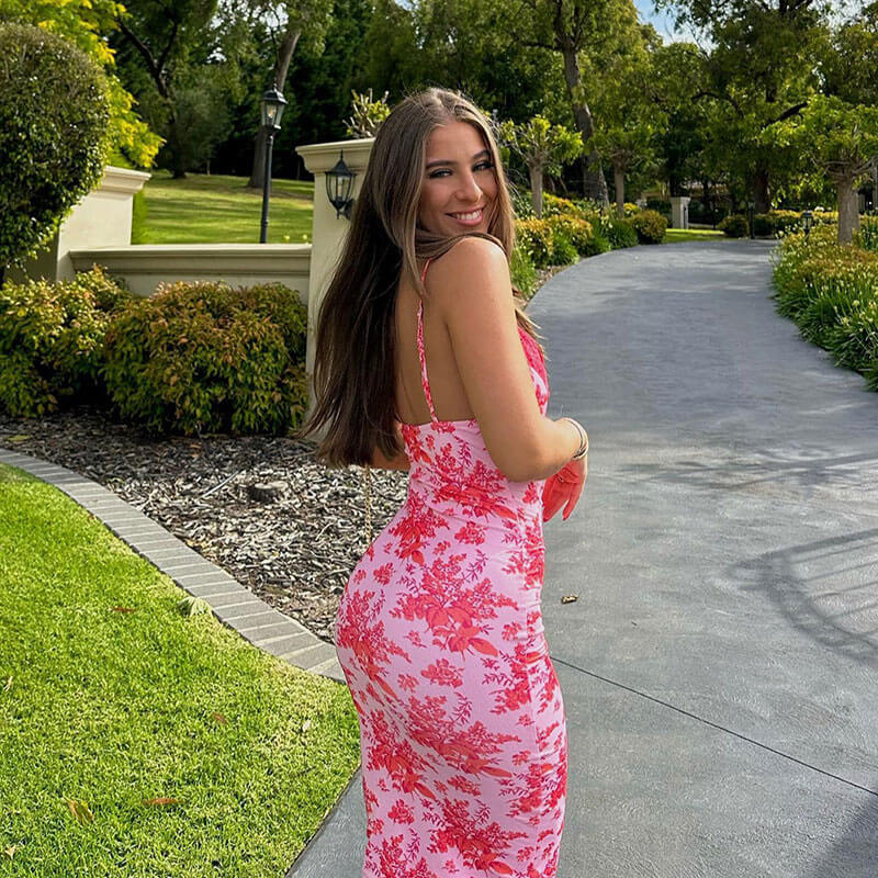 Floral Spaghetti Strap Deep V-Neck Lace Trim Bodycon Midi Dress
