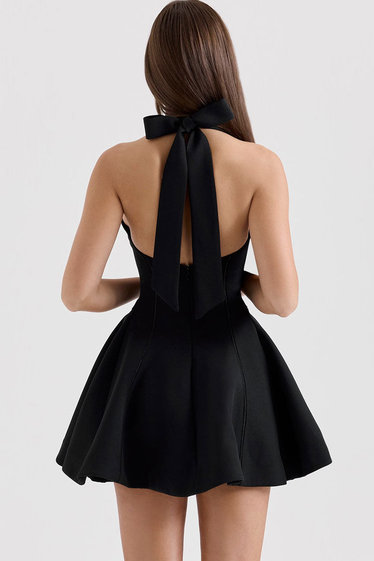 Sexy Halter Bow Tie Ladder A Line Flare Hem Sleeveless Party Mini Dress