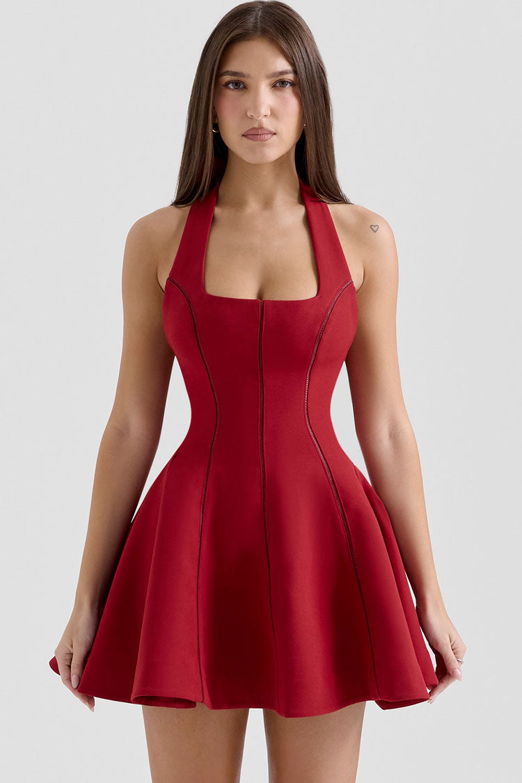 Sexy Halter Bow Tie Ladder A Line Flare Hem Sleeveless Party Mini Dress