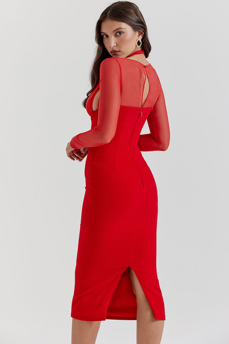 Deep V-Neck Long Sleeve Cold Shoulder Ruched Corset Bodycon Midi Dress