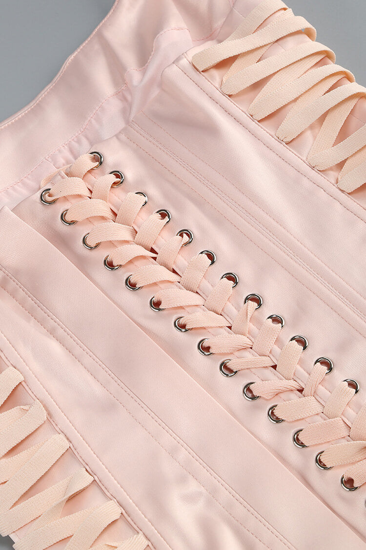 Sexy Halter Lace Up Corset Tiered Rosette Skirt Two Piece Mini Dress