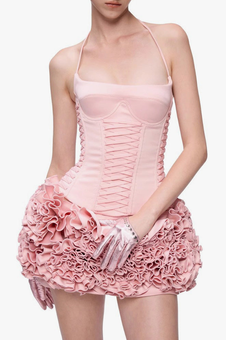 Sexy Halter Lace Up Corset Tiered Rosette Skirt Two Piece Mini Dress