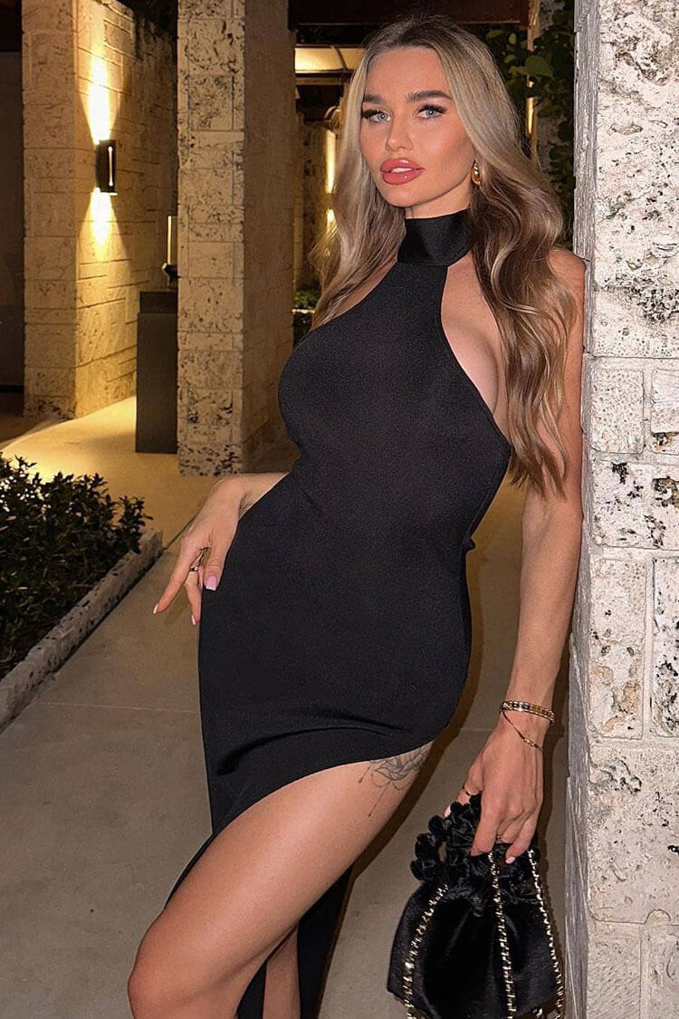 Halter Neck Sleeveless High Split Bodycon Maxi Dress