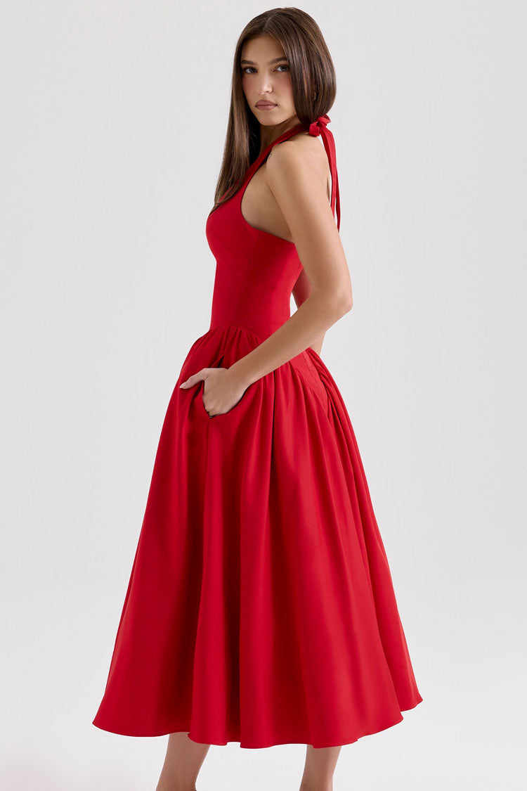 Sexy Halter Open Back Drop Waist Tulle Trim Fit & Flare Cocktail Midi Dress