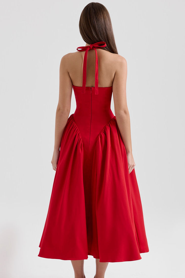 Sexy Halter Open Back Drop Waist Tulle Trim Fit & Flare Cocktail Midi Dress