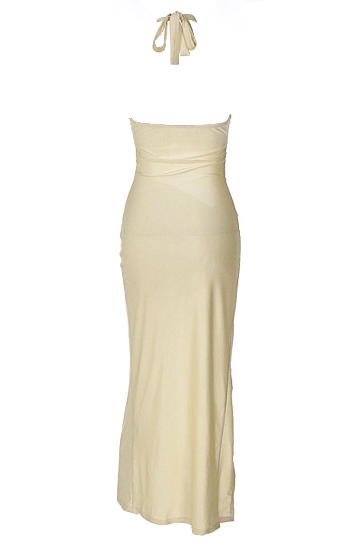 Alluring Halter Ruched Side Split Cutout Beach Vacation Maxi Dress - Apricot