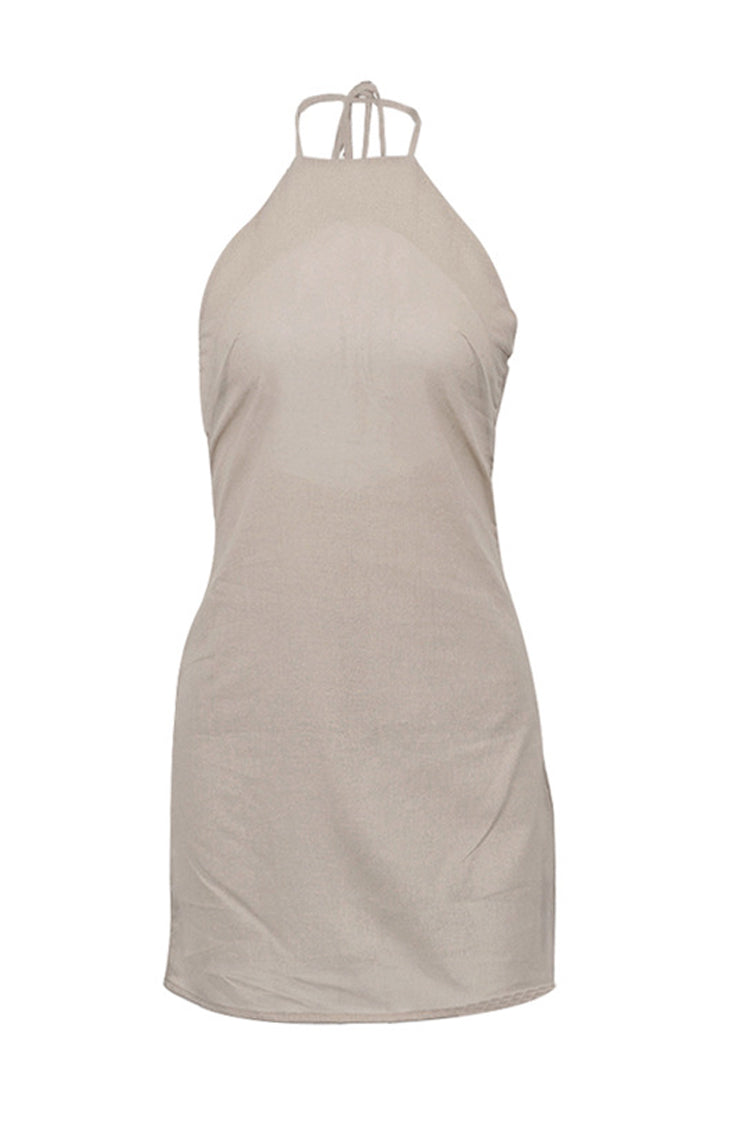 Sexy Halter Tie Open Back Sleeveless Linen Blend Micro Mini Dress