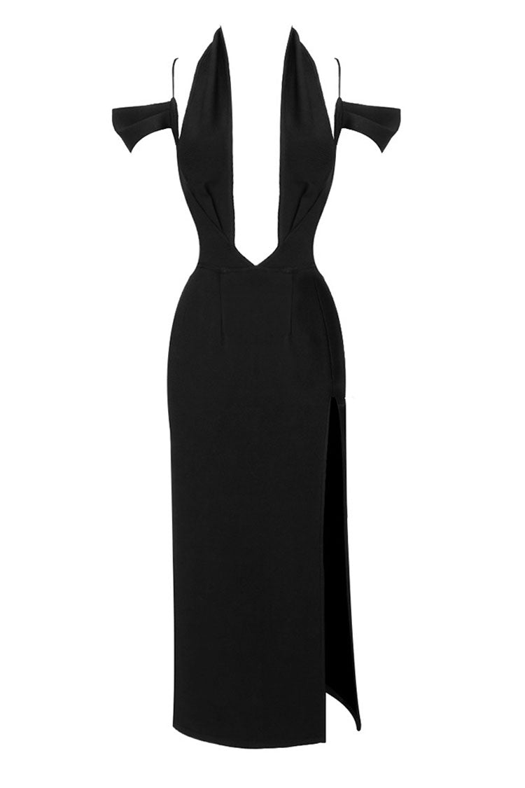 Bandage Halter Deep V-Neck Cold Shoulder High Split Midi Dress